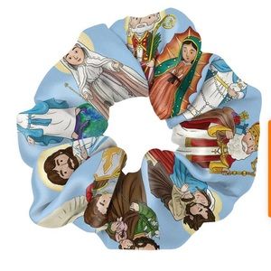 Mini Saints print women satin hair scrunchie for girls or women religious gift